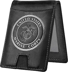 Marine Corps Black Crazy Horse Leather Bi-Fold Card Holder with Money Clip Black USMC